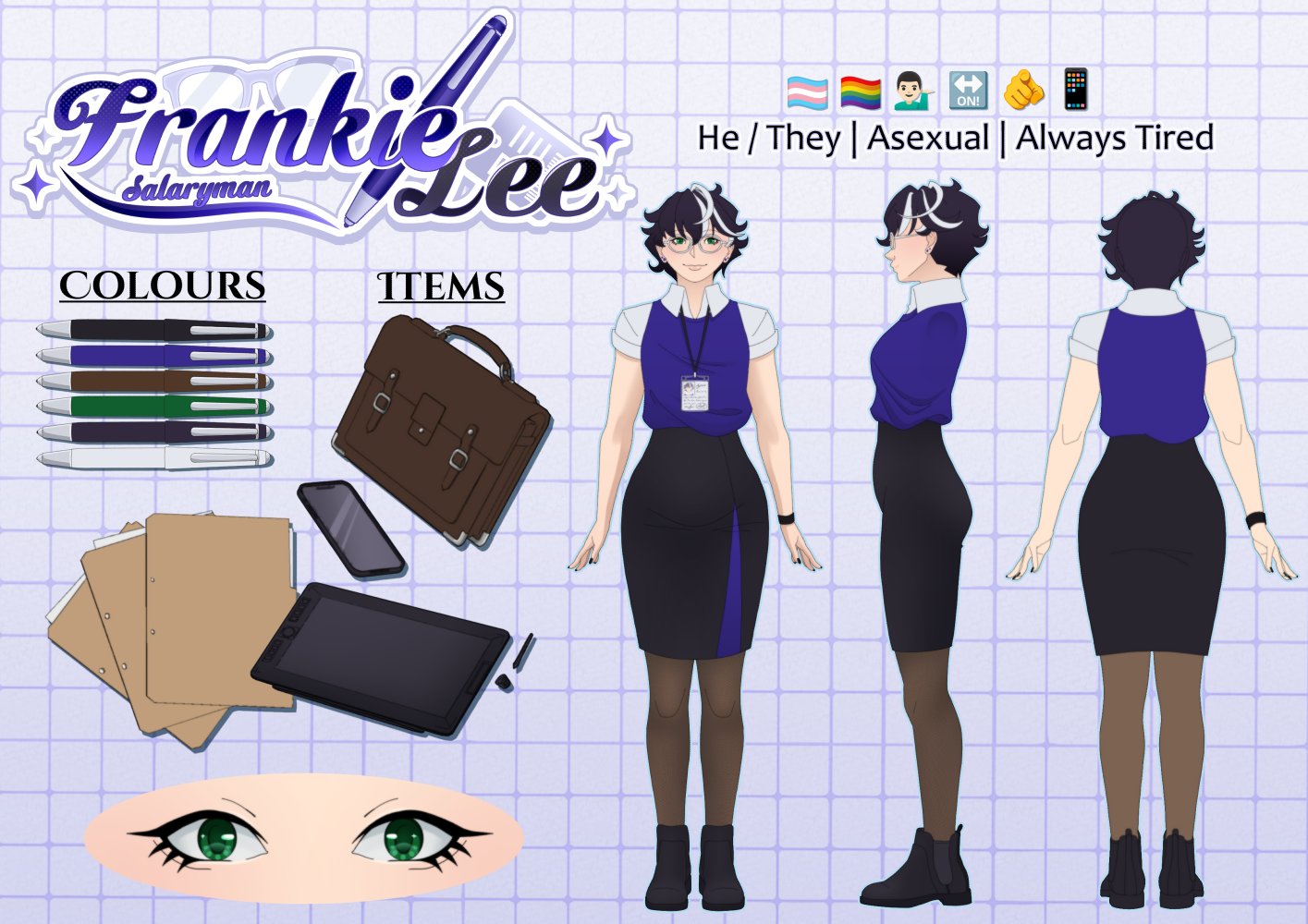 A reference sheet for Frankie Lee with his logo and full turnaround and a shortlist of items they use; a bag, files, pens, and graphics tablet.